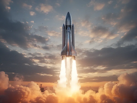 Eine schlanke, moderne Rakete startet bei Sonnenaufgang in den Himmel, umgeben von dramatischen Wolken. - Foto: über boerse-global.de