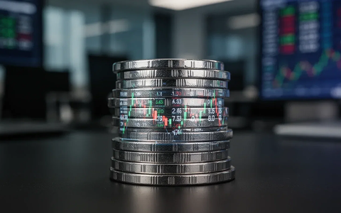 Ein Stapel silberner Münzen mit der Spiegelung eines Börsentickers in einem dunklen Büro. Das Bild symbolisiert Aktienrückkäufe. - Foto: über boerse-global.de