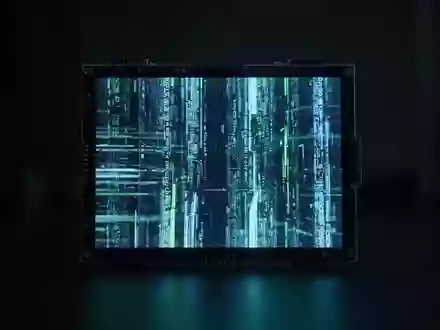 Nahaufnahme eines Mikrodisplays, das abstrakte digitale Daten in Blautönen anzeigt, mit unscharfem Hintergrund. - Foto: über boerse-global.de