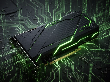 A close-up of a futuristic black graphics card with glowing green accents, intricate circuit board patterns, and digital data streams. - Foto: über boerse-global.de