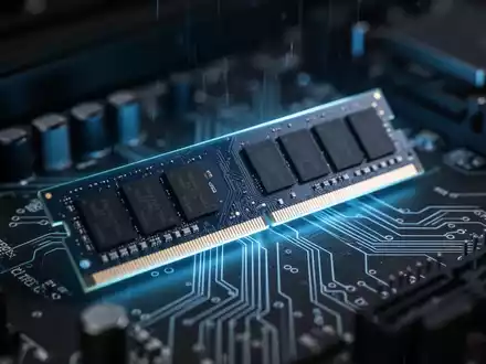 Close-up of a DDR4 RAM stick with a blue glow, surrounded by blurred computer hardware components. - Foto: über boerse-global.de