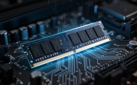 Close-up of a DDR4 RAM stick with a blue glow, surrounded by blurred computer hardware components. - Foto: über boerse-global.de