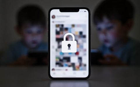 A smartphone screen with a padlock icon over a blurred image, representing content blocking and online safety for children. - Foto: über boerse-global.de