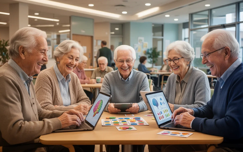 Ältere Menschen (60+) nehmen lächelnd an einem Hirnfitness-Workshop in einem hellen Gemeinschaftsraum teil, der kognitive Aktivität symbolisiert. - Foto: über boerse-global.de