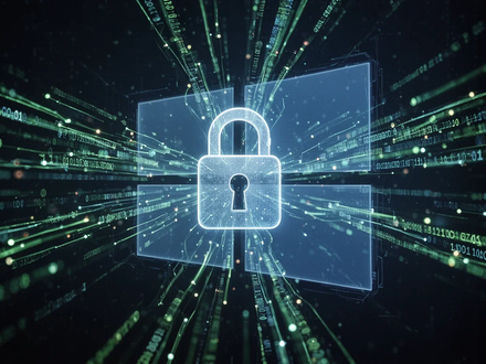 Abstract digital security concept with glowing data streams, a padlock icon, and a subtle Windows logo outline. - Foto: über boerse-global.de