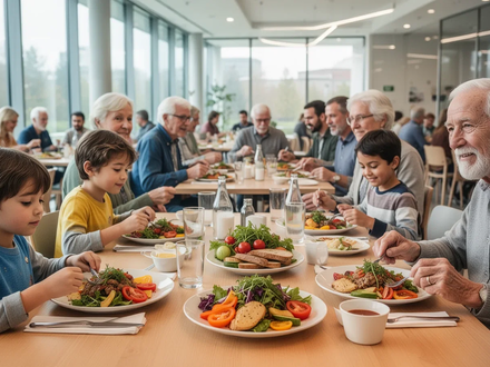 Menschen unterschiedlichen Alters essen gesunde Mahlzeiten in einer modernen Gemeinschaftskantine. Buntes, frisches Essen ist auf Tellern zu sehen. - Foto: über boerse-global.de