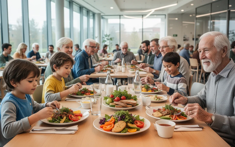 Menschen unterschiedlichen Alters essen gesunde Mahlzeiten in einer modernen Gemeinschaftskantine. Buntes, frisches Essen ist auf Tellern zu sehen. - Foto: über boerse-global.de