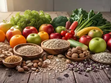 Eine kunstvoll arrangierte Stillleben-Komposition aus frischem Obst, Gemüse, Vollkornprodukten, Nüssen und Hülsenfrüchten auf einem Holztisch. - Foto: über boerse-global.de