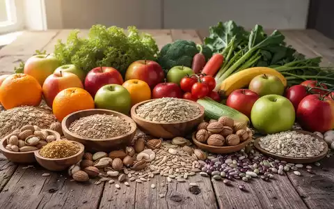 Eine kunstvoll arrangierte Stillleben-Komposition aus frischem Obst, Gemüse, Vollkornprodukten, Nüssen und Hülsenfrüchten auf einem Holztisch. - Foto: über boerse-global.de