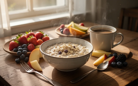 Ein schön gedeckter Frühstückstisch mit Haferflocken, frischem Obst und Kaffee, beleuchtet von Sonnenlicht. - Foto: über boerse-global.de