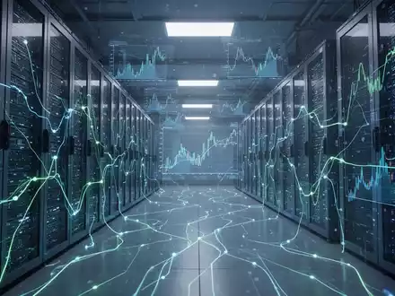 Ein futuristischer Serverraum mit leuchtenden blauen und grünen KI-Netzwerklinien und riesigen Datenservern. - Foto: über boerse-global.de
