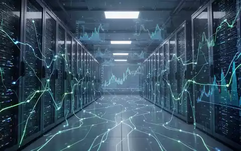 Ein futuristischer Serverraum mit leuchtenden blauen und grünen KI-Netzwerklinien und riesigen Datenservern. - Foto: über boerse-global.de