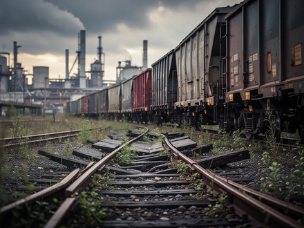 Ein Güterzug fährt auf einem beschädigten Bahngleis mit unscharfen Industriegebäuden im Hintergrund unter dramatischem Himmel. - Foto: über boerse-global.de