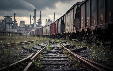 Ein Güterzug fährt auf einem beschädigten Bahngleis mit unscharfen Industriegebäuden im Hintergrund unter dramatischem Himmel. - Foto: über boerse-global.de