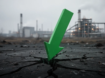 Ein grüner Börsenpfeil, der steil nach unten zeigt und eine dunkle, rissige Oberfläche durchbricht, symbolisiert ein 52-Wochen-Tief. - Foto: über boerse-global.de
