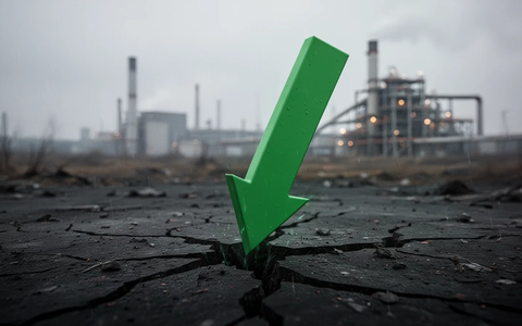 Ein grüner Börsenpfeil, der steil nach unten zeigt und eine dunkle, rissige Oberfläche durchbricht, symbolisiert ein 52-Wochen-Tief. - Foto: über boerse-global.de