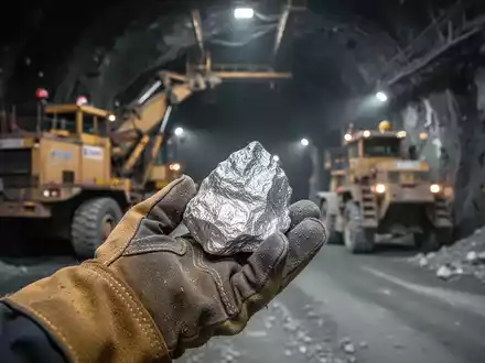 Nahaufnahme einer behandschuhten Hand, die ein Silbererzmuster hält, mit Minenmaschinen im Hintergrund. - Foto: über boerse-global.de