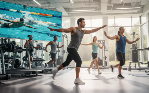 Eine Gruppe von Menschen, die verschiedene Sportarten ausüben, darunter Schwimmen, Krafttraining und Gehen, in hellen Umgebungen. - Foto: über boerse-global.de