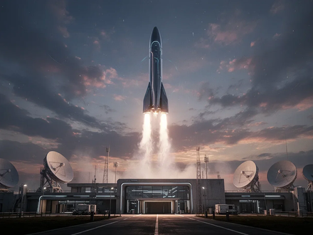 Eine futuristische Rakete startet von einer Hightech-Anlage im Abendrot, symbolisiert Luft- und Raumfahrtinnovation. - Foto: über boerse-global.de