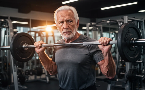 Ein fitter, aktiver älterer Mann (60er Jahre) stemmt Gewichte in einem modernen Fitnessstudio, konzentriert und entschlossen. - Foto: über boerse-global.de