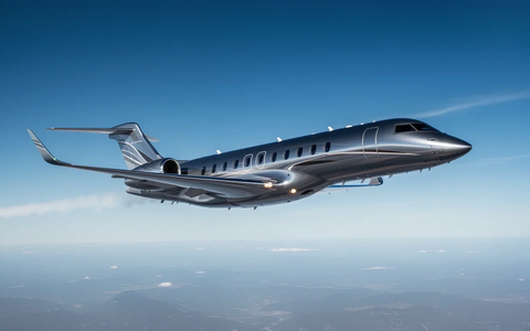 Ein hochmodernes Privatflugzeug, möglicherweise eine Bombardier Global 8000, fliegt schnell durch einen klaren blauen Himmel. - Foto: über boerse-global.de