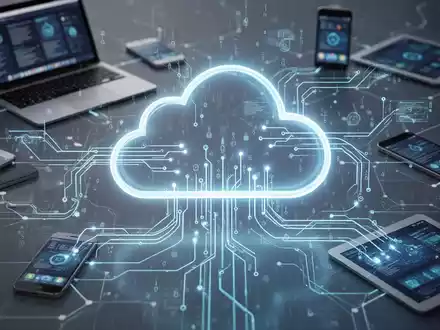 A glowing cloud icon with data streams connecting to various digital devices, representing cloud data backup and synchronization. - Foto: über boerse-global.de