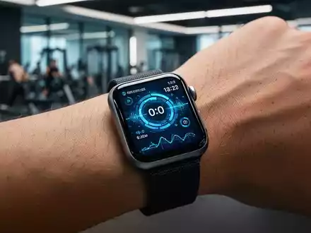 Eine Apple Watch am Handgelenk zeigt ein KI-Fitness-Interface mit biometrischen Daten in einem modernen Fitnessstudio. - Foto: über boerse-global.de