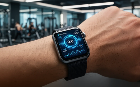 Eine Apple Watch am Handgelenk zeigt ein KI-Fitness-Interface mit biometrischen Daten in einem modernen Fitnessstudio. - Foto: über boerse-global.de
