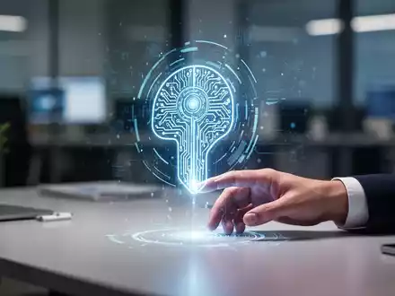 Eine futuristische, leuchtende KI-Agenten-Ikone interagiert mit einer menschlichen Hand auf einem modernen Schreibtisch in einem Büro. - Foto: über boerse-global.de