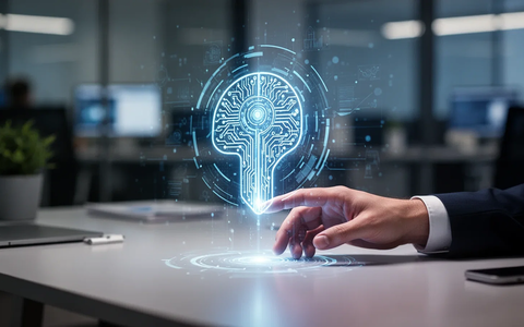 Eine futuristische, leuchtende KI-Agenten-Ikone interagiert mit einer menschlichen Hand auf einem modernen Schreibtisch in einem Büro. - Foto: über boerse-global.de
