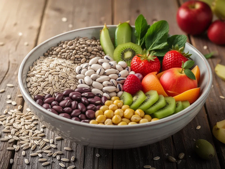Eine bunte Schüssel mit ballaststoffreichen Lebensmitteln wie Vollkornprodukten, Hülsenfrüchten, Obst und Gemüse auf einem Holztisch. - Foto: über boerse-global.de
