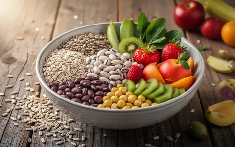 Eine bunte Schüssel mit ballaststoffreichen Lebensmitteln wie Vollkornprodukten, Hülsenfrüchten, Obst und Gemüse auf einem Holztisch. - Foto: über boerse-global.de