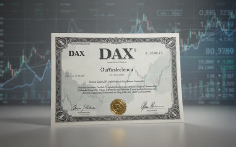 Ein beleuchtetes DAX-Aktienzertifikat mit verschwommenen Finanzdiagrammen und Gehaltsabrechnungsdaten im Hintergrund. - Foto: über boerse-global.de