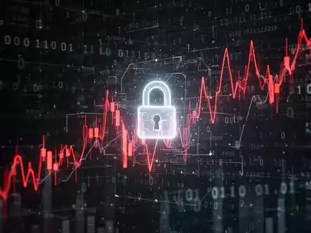 Ein fallender Börsenkurs-Graph mit binärem Code und einem Vorhängeschloss-Symbol, der einen 40-Prozent-Crash darstellt. - Foto: über boerse-global.de