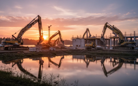 Baustelle am See bei Sonnenaufgang, schwere Maschinen am Ufer spiegeln sich im Wasser. - Foto: über boerse-global.de
