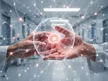 Hände berühren ein leuchtendes, abstraktes neuronales Netz, das Technologie und menschliche Fürsorge in der Schmerztherapie symbolisiert. - Foto: über boerse-global.de