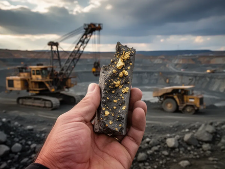 Nahaufnahme einer Hand, die einen Bohrkern mit sichtbaren Goldsprenkeln aus einer Mine hält. - Foto: über boerse-global.de