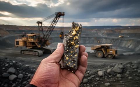 Nahaufnahme einer Hand, die einen Bohrkern mit sichtbaren Goldsprenkeln aus einer Mine hält. - Foto: über boerse-global.de