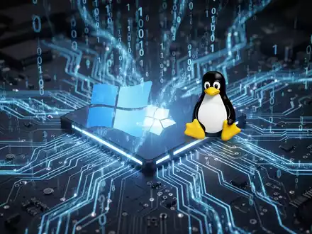 A glowing blue circuit board with binary code flowing over it, subtly overlaid with the Windows logo and the Linux penguin logo. - Foto: über boerse-global.de