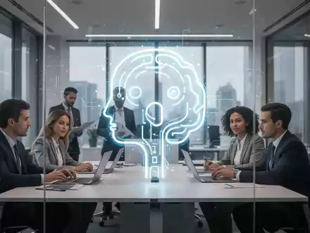 A glowing, abstract AI assistant icon overlaid on a modern corporate office scene with business professionals collaborating, symbolizing AI adoption. - Foto: über boerse-global.de