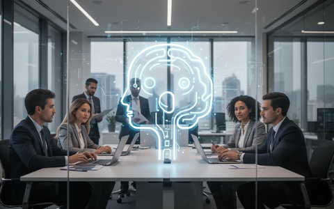 A glowing, abstract AI assistant icon overlaid on a modern corporate office scene with business professionals collaborating, symbolizing AI adoption. - Foto: über boerse-global.de