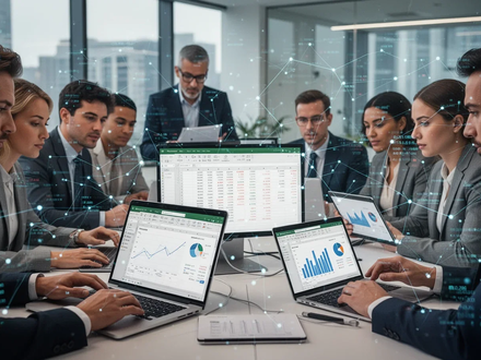 Finance professionals collaborating in a modern office, working on laptops and tablets displaying financial data and charts. - Foto: über boerse-global.de
