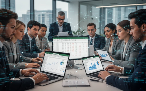 Finance professionals collaborating in a modern office, working on laptops and tablets displaying financial data and charts. - Foto: über boerse-global.de
