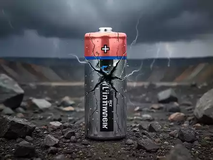 Eine beschädigte Lithium-Batteriezelle vor dem Hintergrund einer trostlosen Bergbaulandschaft unter einem stürmischen Himmel. - Foto: über boerse-global.de