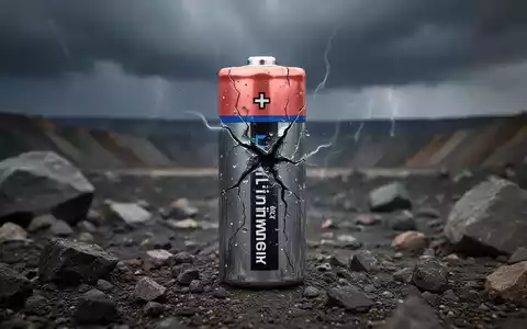 Eine beschädigte Lithium-Batteriezelle vor dem Hintergrund einer trostlosen Bergbaulandschaft unter einem stürmischen Himmel. - Foto: über boerse-global.de