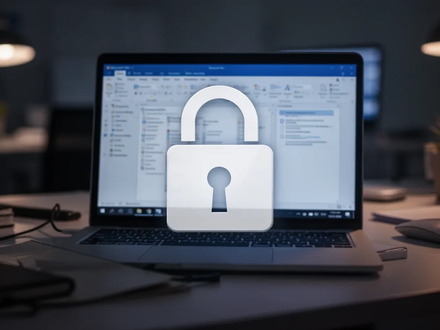 A digital padlock icon over a blurred office desktop with a laptop showing Microsoft Office applications, symbolizing software security. - Foto: über boerse-global.de