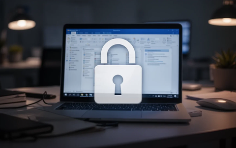 A digital padlock icon over a blurred office desktop with a laptop showing Microsoft Office applications, symbolizing software security. - Foto: über boerse-global.de