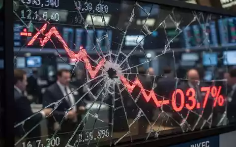 Eine zerbrochene Börsenanzeige mit einem starken Abwärtstrend und roten negativen Prozentzahlen, die einen Marktabsturz symbolisieren. - Foto: über boerse-global.de