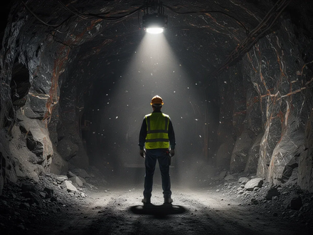 Ein Bergbauingenieur steht in einem dunklen, unterirdischen Minentunnel, der die Erwartung einer Mineralienschätzung darstellt. - Foto: über boerse-global.de