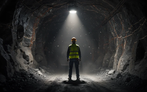 Ein Bergbauingenieur steht in einem dunklen, unterirdischen Minentunnel, der die Erwartung einer Mineralienschätzung darstellt. - Foto: über boerse-global.de